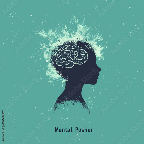 Modern illustration featuring a human head with a silhouette face and brain in a flat style, representing mental health