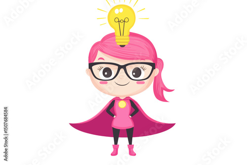 A contemporary depiction of a human brain, colored pink and wearing glasses, is shown as a superhero with a light bulb, set against a white background, symbolizing an inspirational cartoon concept of