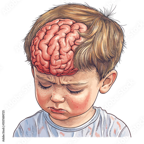 Modern medical illustration depicting brain injury in infants and childhood on a white background with a silhouette of a child's head and a flat image of damaged human brain anatomy