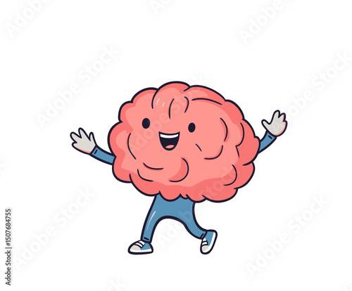 The dancing brain cartoon character is depicted in a quirky and isolated manner to generate hype, shown in a modern flat-style illustration with a dab