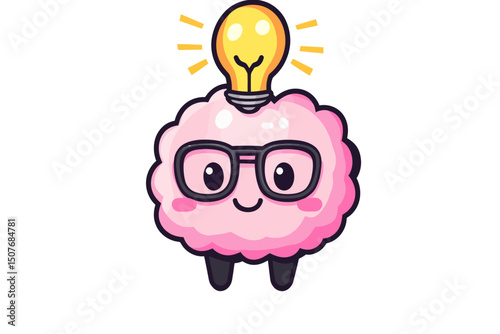 A cartoon depiction of a human brain with glasses and a light bulb, symbolizing a clever idea and representing the central nervous system in a humorous, modern flat illustration style