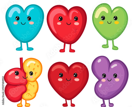 A collection of isolated internal organ characters is presented in a modern flat graphic design style as an illustration