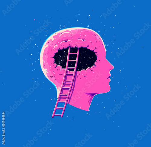 Modern illustration of a human head silhouette featuring a staircase to the head, symbolizing psychotherapy and mental health, or the concept of inner space, in a trendy flat style