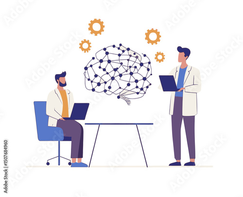 The concept of neurology science and psychology research is depicted in a modern flat illustration of a person, featuring a woman sitting in a chair with a laptop and a doctor with a brain network