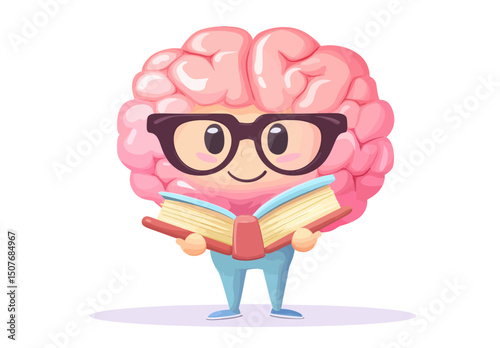The character, who is cute, smart, and modern, is reading a big book and thinking deeply about its contents, with a colorful brain full of ideas