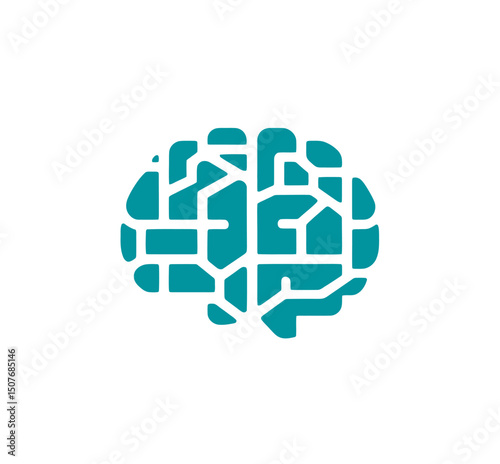 A brain icon represented in abstract form, featuring geometric shapes and squares to depict a hemisphere, serves as a simple and flat logo template with a modern twist