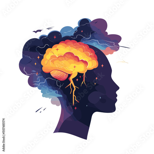 Modern flat color icon representing mental health apps and websites for mental illness or disorder, including brainstorming concepts