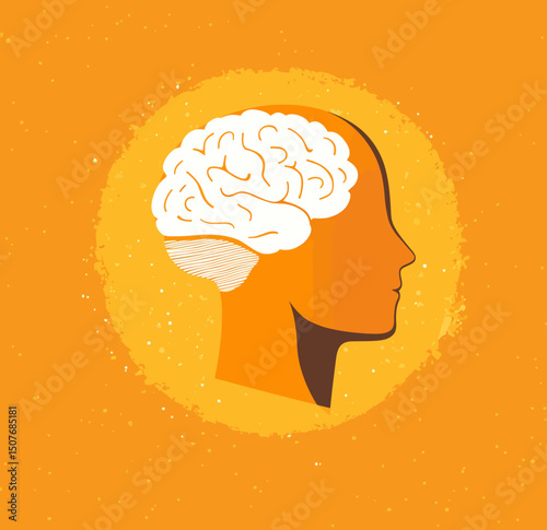 Modern illustrator depicts a human brain with a white head silhouette