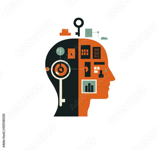 Concept of mental health, psychology, and philosophy, depicted as an abstract illustration of a human head with a door and key, symbolizing therapy and psychotherapy, and representing the idea of