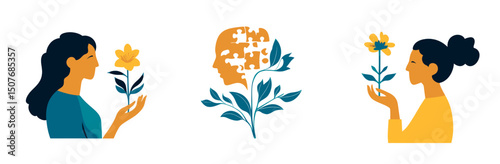 vector image of human head with puzzles in yellow color and fox plants in green color