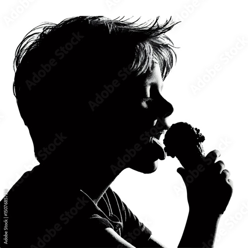 Black and white silhouette of a boy eating ice cream in a waffle cup on a white background. Vector graphics. EPS.