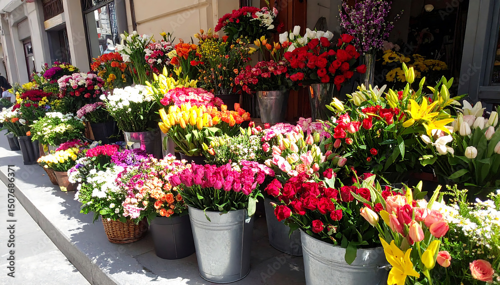 Naklejka premium A vibrant flower display overflows from buckets and baskets on a city street. Abundance and natural beauty showcase florist creativity. Ideal for spring, love, and retail concepts.