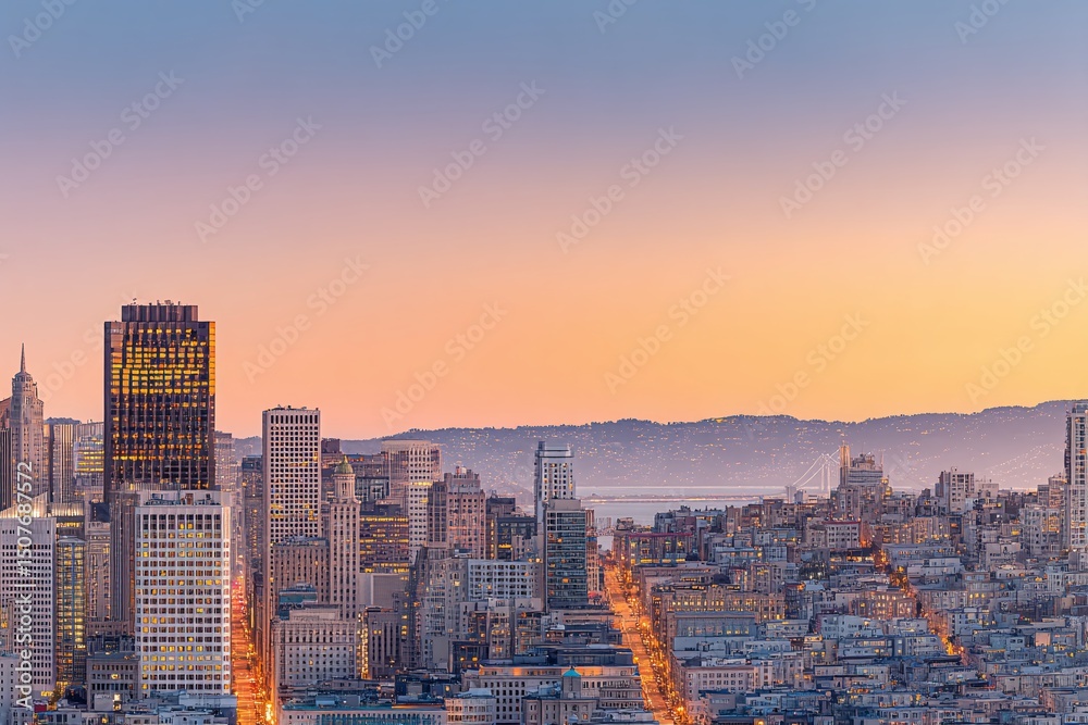 Fototapeta premium Stunning cityscape at sunset. Golden hour light bathes a vibrant city skyline, offering a captivating blend of urban architecture and natural beauty.