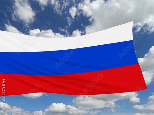 Waving Russian flag against a blue sky with clouds. National flag of the Russian Federation.
