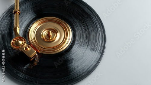 Golden Vinyl Record Player CloseUp HighResolution Image of a Classic Turntable with Shiny Ne