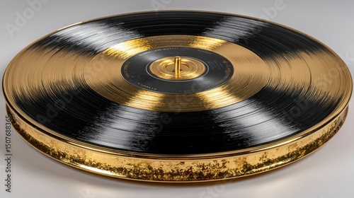 Golden Vinyl Record Stack A Shiny Reflective Disc with Classic Design for Music and Entertain