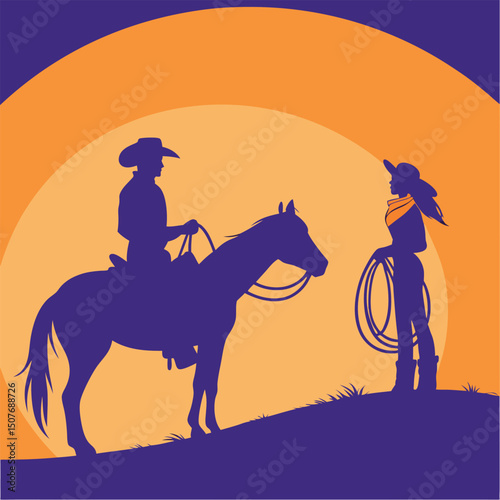 Cowboy and Cowgirl Silhouette with Horse and Lasso at Sunset
