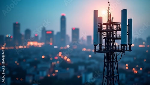 Cellular communication tower at twilight with a city skyline backdrop