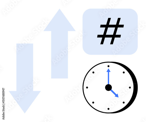 Up and down arrows, metadata tag, and clock conveying concepts of tracking trends, time efficiency, growth, and comparison. Ideal for analytics, social media, productivity growth strategies