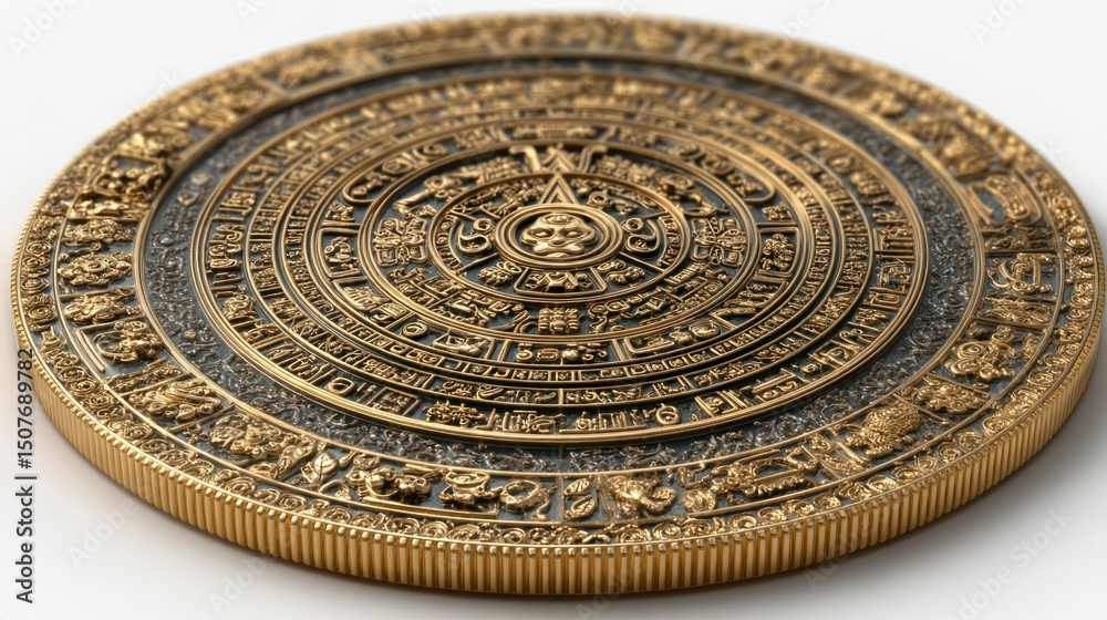 Obraz premium Intricate Golden Circular Artifact with Ancient Symbolic Patterns and Hieroglyphs Ideal for Hi