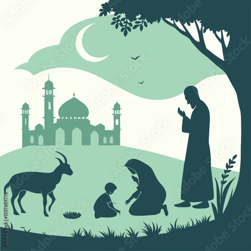 Eid Ul Adha silhouette of a couple and a goat 