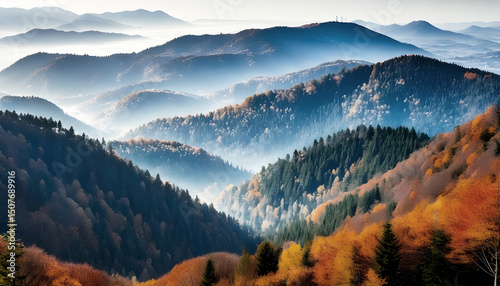Fog rolling in over mountain valleys during autumn foliage
