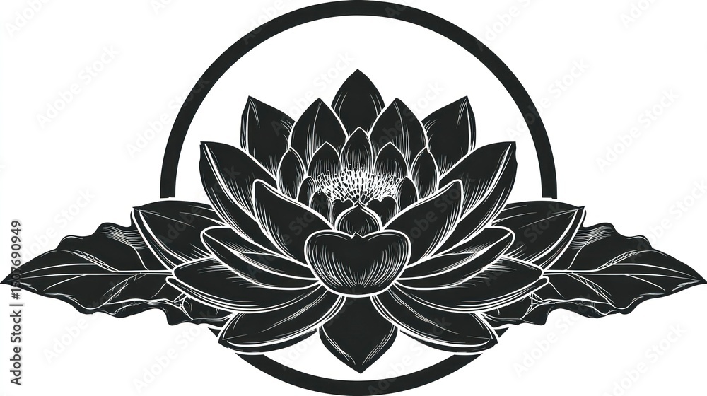 Fototapeta premium Monochrome Lotus Flower with Intricate Petals and Leaves in a Circular Frame