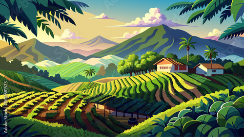 Panoramic view of lush coffee plantation on terraced hillside with misty mountains