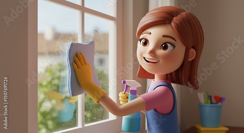 Cartoon Woman Cleaning Window