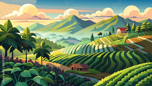 Panoramic view of lush coffee plantation on terraced hillside with misty mountains