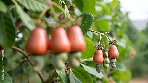 Cashew apples with nuts growing on tree branch in tropical setting. Exotic harvest scene with vibrant colors. Concept: Tropical agriculture, sustainable farming.