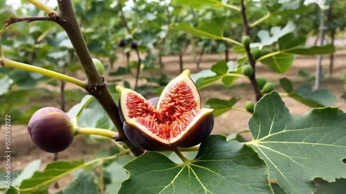 Split ripe fig reveals vibrant pink flesh and seeds in natural light. Close-up of exotic fruit texture. Concept: Gourmet food, Mediterranean cuisine, luxury catering.
