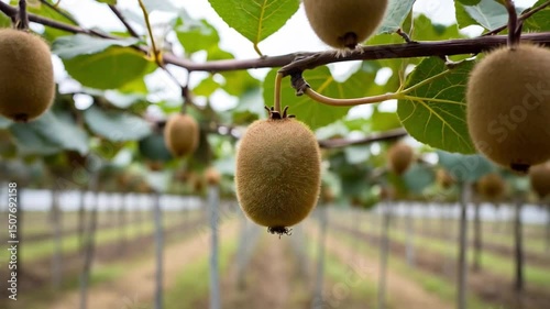 Kiwi fruit on tree with bright green flesh. Concept: Tropical fruit market, health food café, vitamin shop. Celebration: Summer food festivals