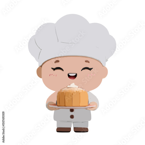 A cartoon chef holding a cake on a plate wearing a chef's hat with a happy expression and rosy cheeks