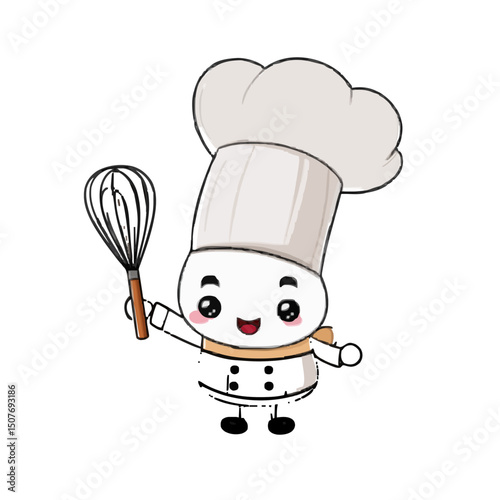 Cartoon chef character with a tall white hat holding a whisk and smiling with rosy cheeks and small legs