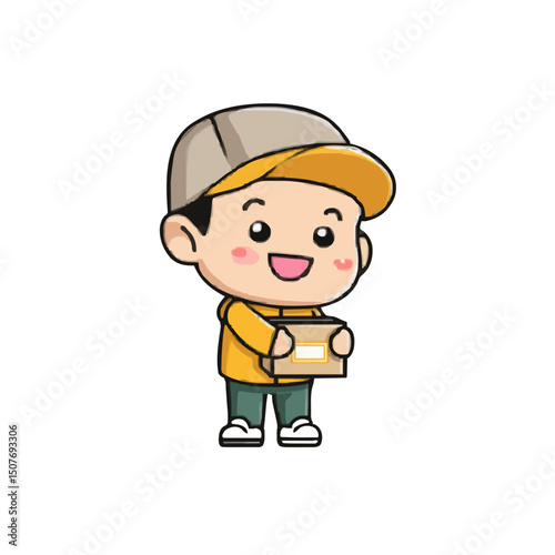 Cartoon delivery boy in yellow jacket and cap holding a package with a smile on a white background image