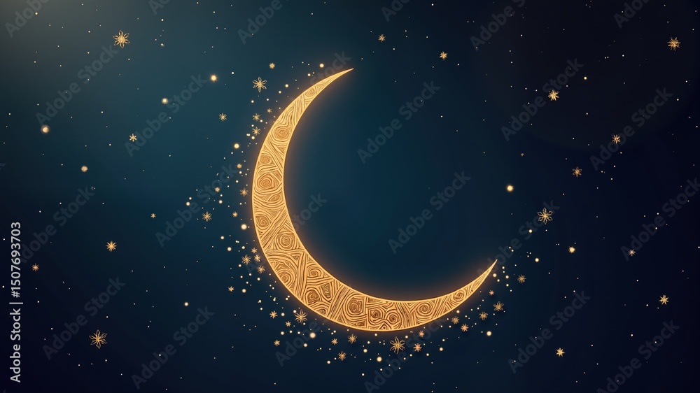 Naklejka premium A crescent moon with golden patterns, glittering stars in the background, dark sky, Ramadan concept art 
