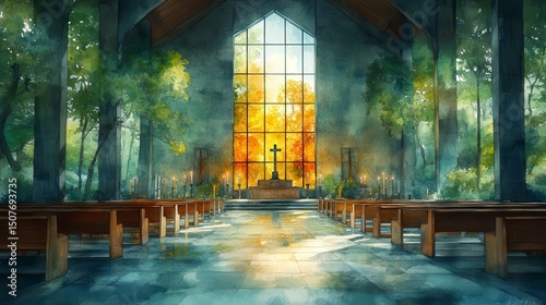 Interior view of chapel featuring a cross, pews and large window with forest view