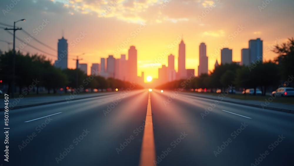 Obraz premium Urban horizon illuminated by the setting sun offering a path into the city