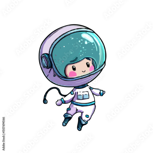 Illustration of a cartoon astronaut with a large helmet floating in a white space background design