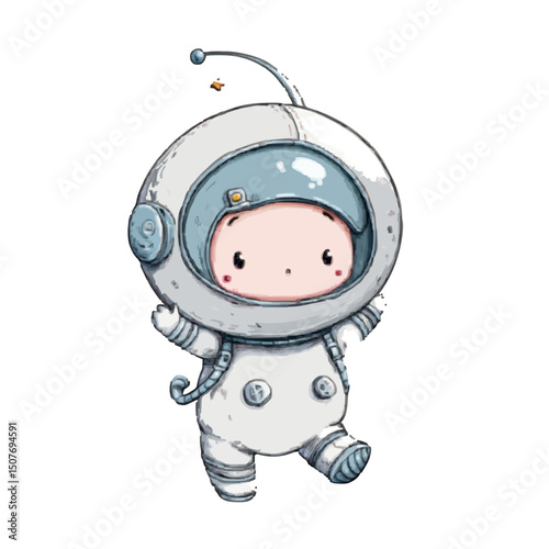 Illustration of a cute cartoon astronaut with a white spacesuit and helmet walking on a white background