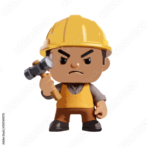 Cartoon builder character with yellow hard hat holding a hammer expressing an angry facial expression look