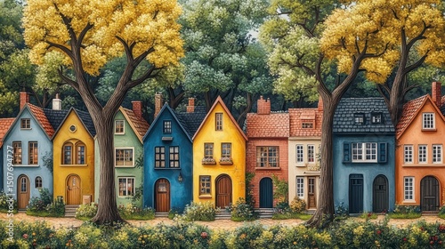 Colorful houses line a street, framed by golden-leaved trees, creating a vibrant, peaceful scene