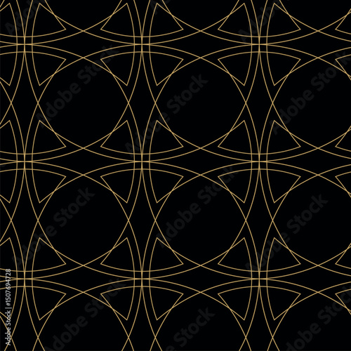 Seamless abstract geometric pattern with gold lines, circles, and shapes on black background. Ideal for fabric, wallpapers, notebooks, gift wrap, packaging, rugs, and branding.