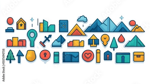 Colorful icons depict houses, mountains, markers, keys, envelopes, and trees in a flat style