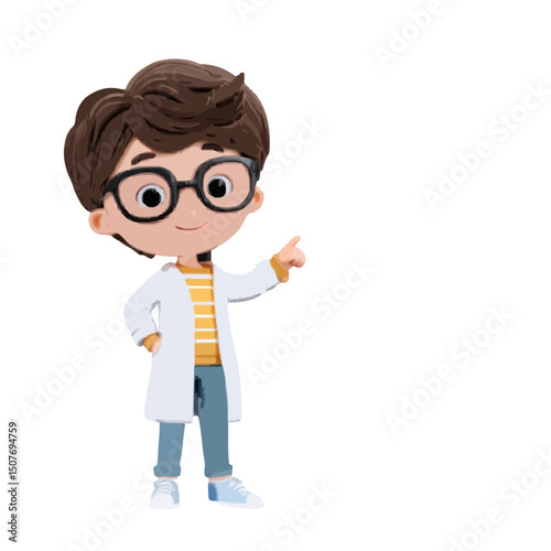 Illustration of a cartoon boy wearing glasses and a lab coat pointing to the right side direction here now