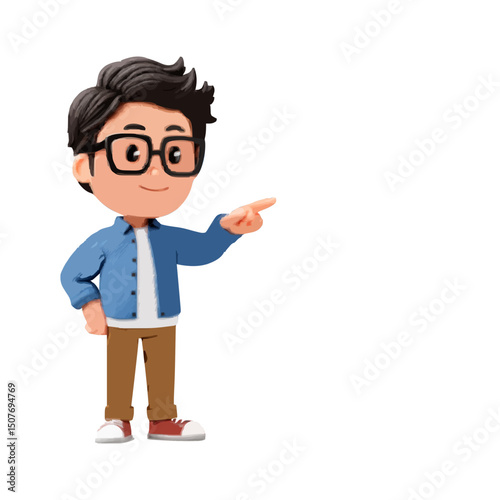 Cartoon man with glasses in casual attire pointing to the right side of the frame with a focused expression