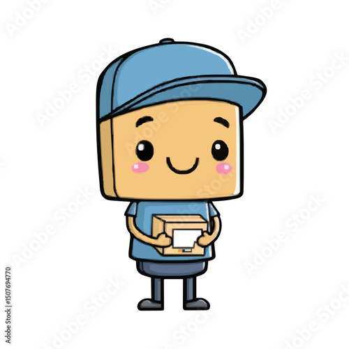 A cartoon delivery man with a square head wearing a blue cap and holding a package with a happy smile