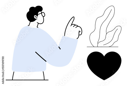 Person gesturing upward beside a heart and plant. Ideal for wellness, self-care, mindfulness, sustainability, healthcare, personal growth, simple landing page