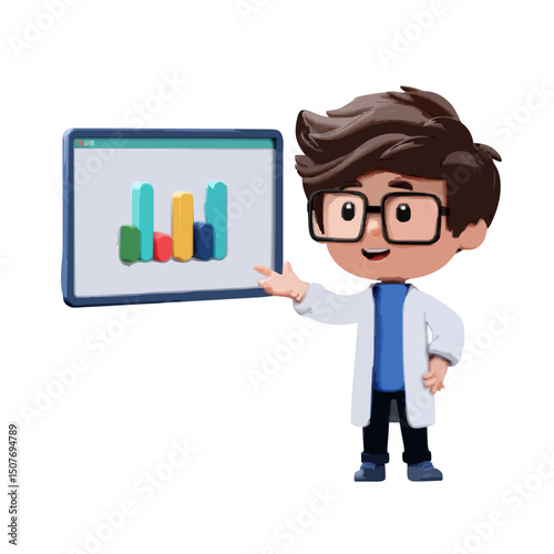 Illustration of a cartoon scientist presenting a bar graph on a screen with a friendly expression on face